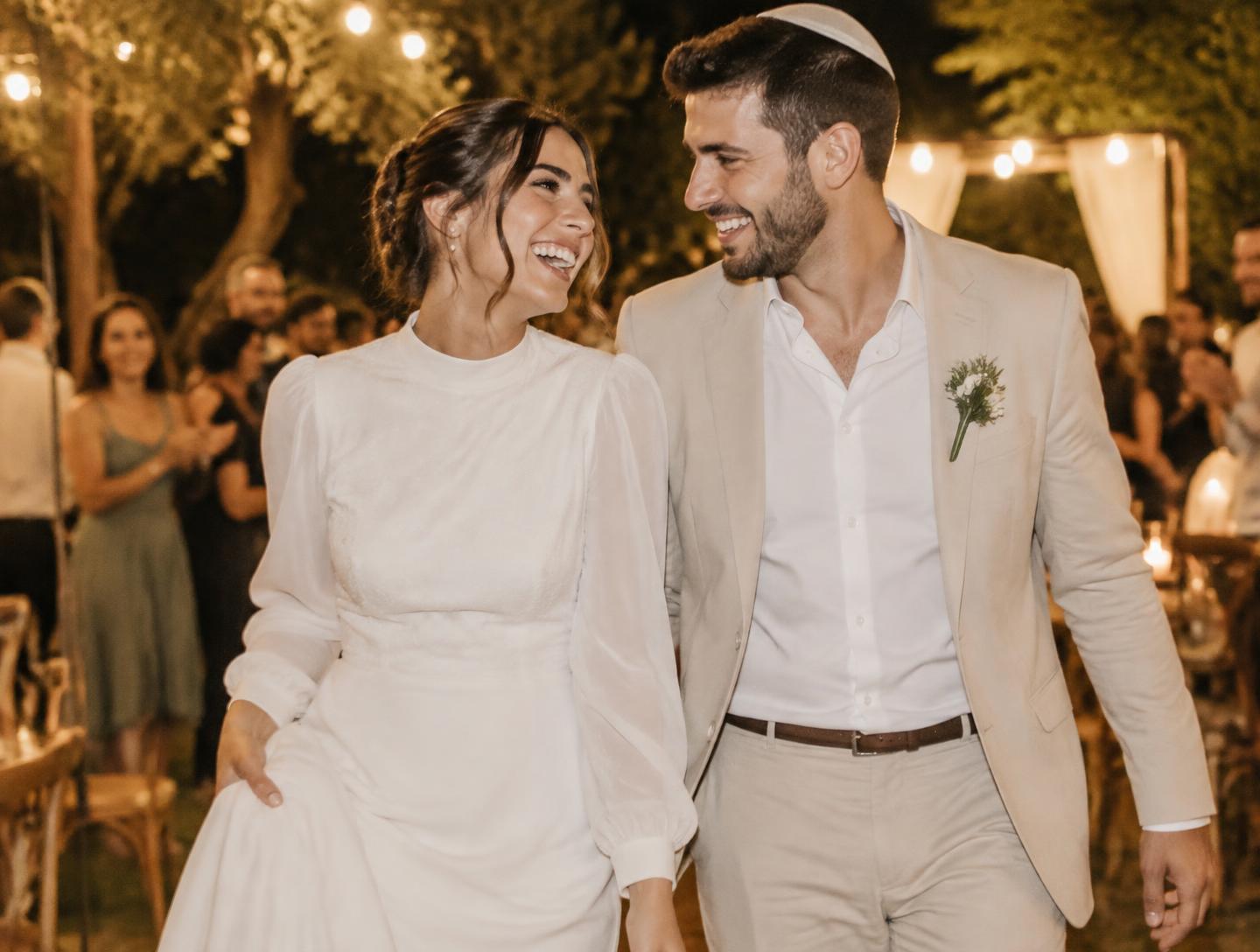 זוג צוחק בחתונה